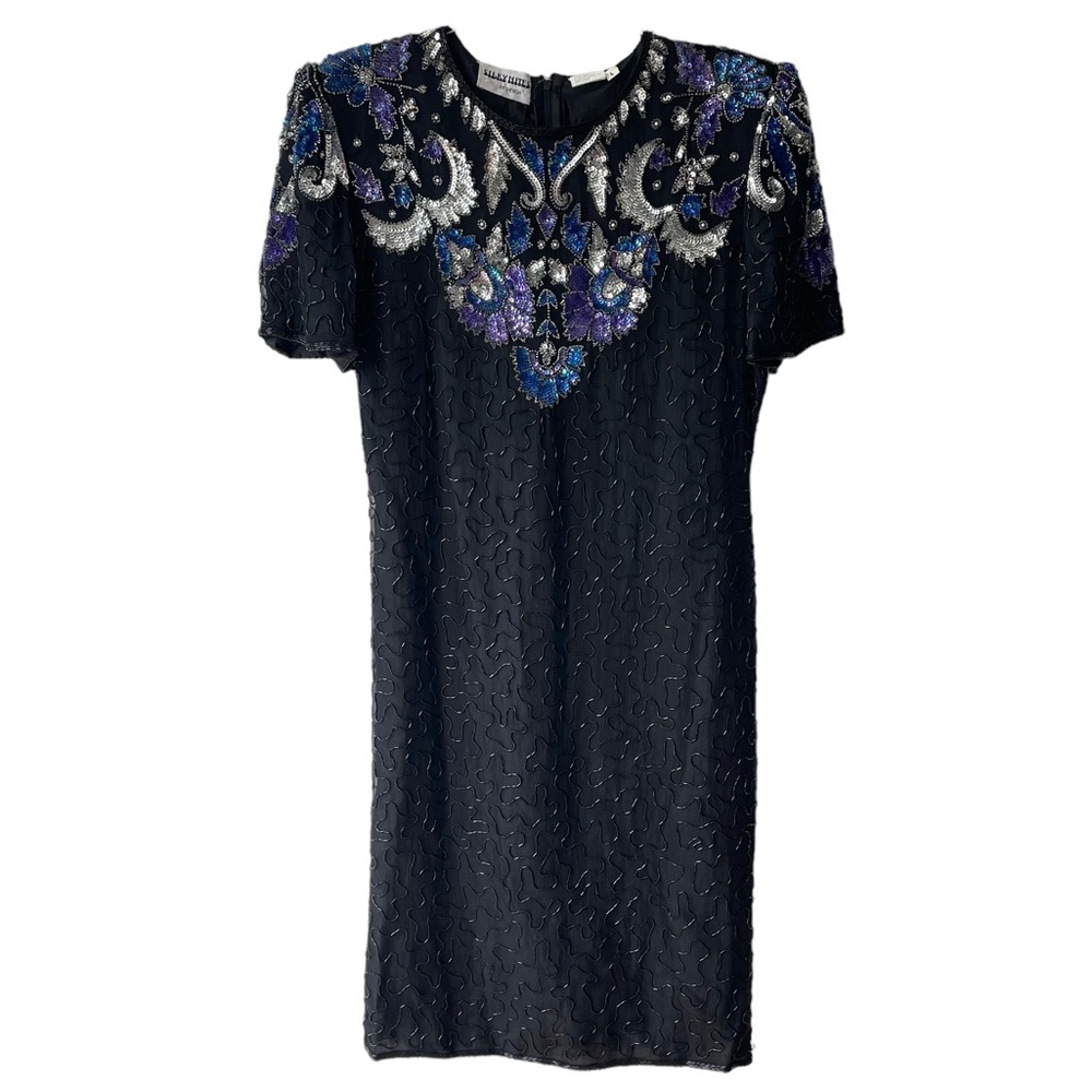 Silky Nites by Cherish Vintage 80s Silver Purple and Blue Sequined Beaded Dress